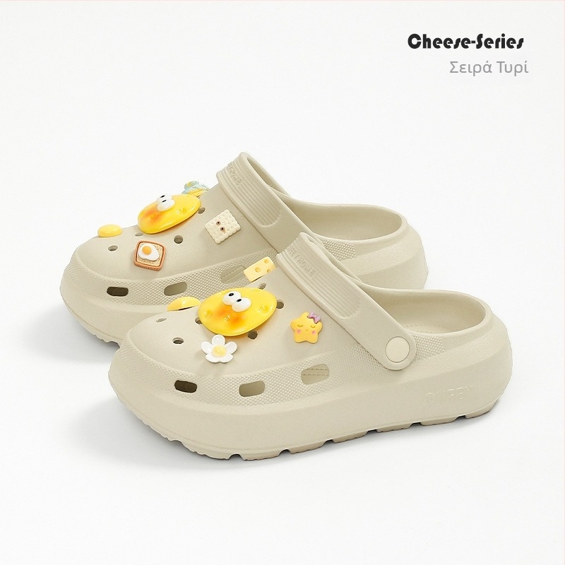 Γυναικείες παντόφλες EVA σε Crocs στυλ, αντιολισθητική φαρδιά σόλα, σχέδιο με καρτούν τυρί, Καλοκαίρι 2025