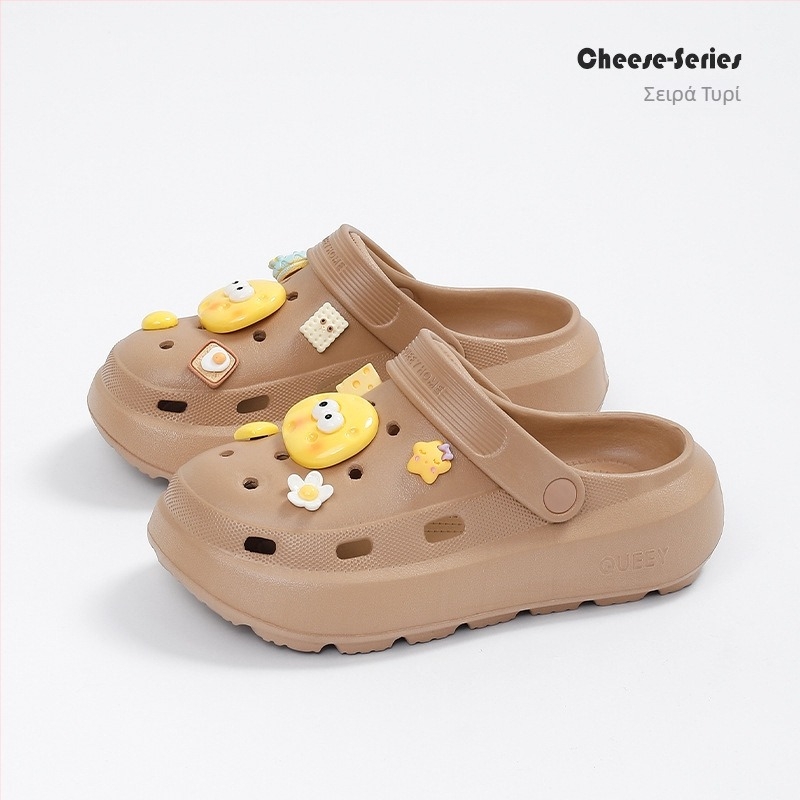 Γυναικείες παντόφλες EVA σε Crocs στυλ, αντιολισθητική φαρδιά σόλα, σχέδιο με καρτούν τυρί, Καλοκαίρι 2025