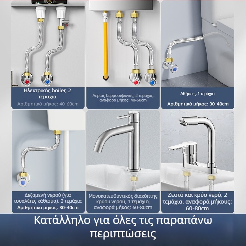 Ανοξείδωτος σωλήνας με μεταλλική πλέξη και χαλύβδινα άκρα για είσοδο ζεστού/κρύου νερού σε θερμαντήρα τουαλέτας, τετραπολική σύνδεση, μεταλλικός συνδετήρας προστασίας από έκρηξη