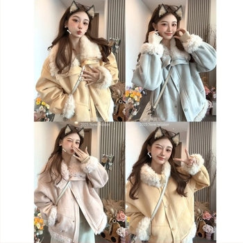 Γυναικείο κοντό παλτό από τεχνητή shearling γούνα, γιακά Polo, κλείσιμο με ένα κουμπί, πολυεστέρας, μοτίβο καρτούν