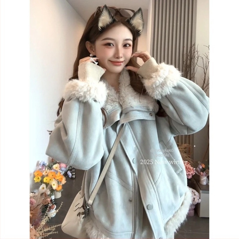 Γυναικείο κοντό παλτό από τεχνητή shearling γούνα, γιακά Polo, κλείσιμο με ένα κουμπί, πολυεστέρας, μοτίβο καρτούν