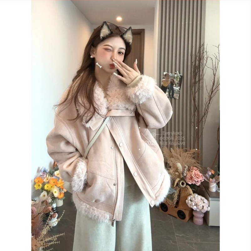 Γυναικείο κοντό παλτό από τεχνητή shearling γούνα, γιακά Polo, κλείσιμο με ένα κουμπί, πολυεστέρας, μοτίβο καρτούν