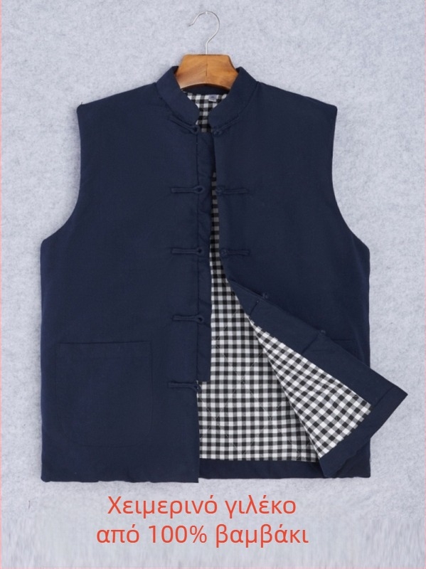 Ανδρικό γιλέκο από βαμβάκι, κινεζικό στυλ, χαλαρή γραμμή, βαμβακερό ύφασμα και επένδυση, τσέπες με τρισδιάστατα patch, καθημερινό χειμερινό ένδυμα, Χειμώνας 2024