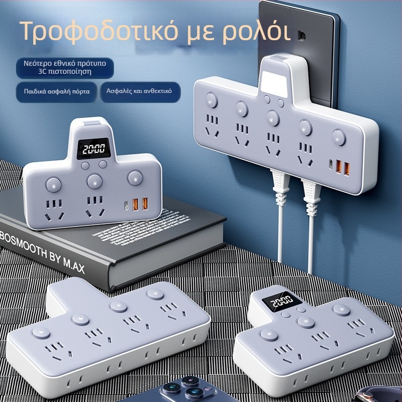 Πολυπρίζο με θύρες USB, νυχτερινό φως, ανεξάρτητος διακόπτης με οθόνη χρόνου, 10A, 220–250V
