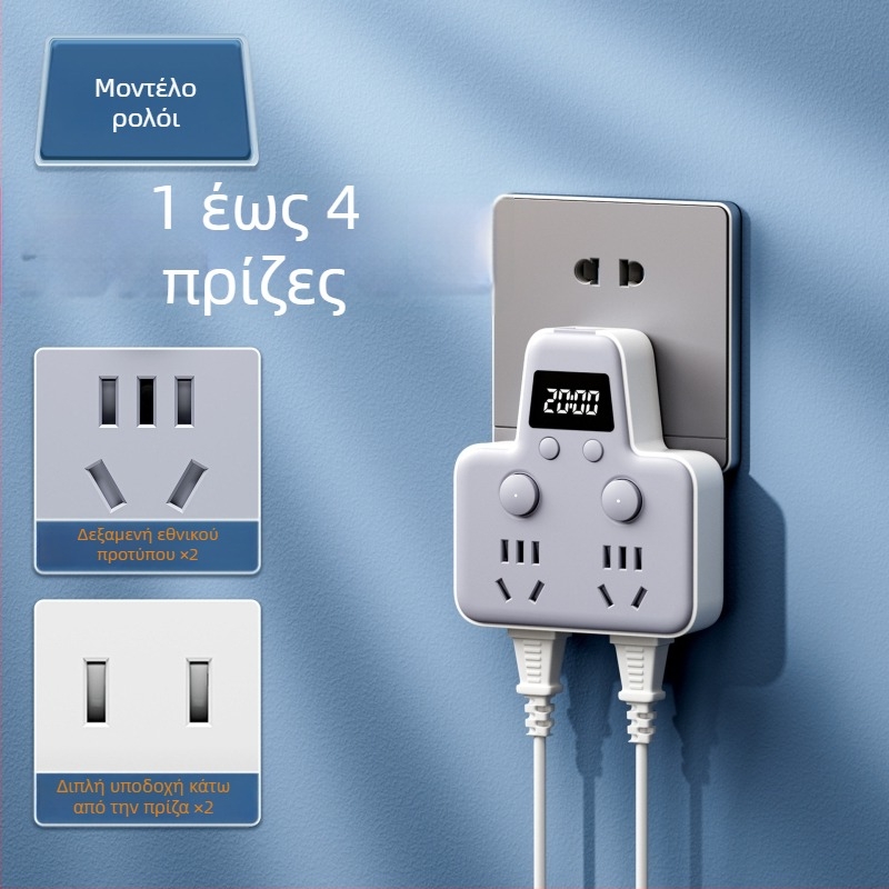 Πολυπρίζο με θύρες USB, νυχτερινό φως, ανεξάρτητος διακόπτης με οθόνη χρόνου, 10A, 220–250V