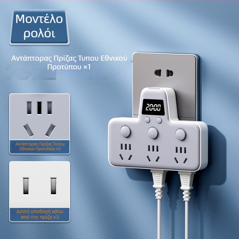 Πολυπρίζο με θύρες USB, νυχτερινό φως, ανεξάρτητος διακόπτης με οθόνη χρόνου, 10A, 220–250V