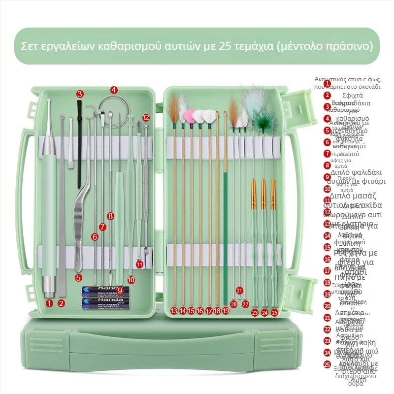 Σετ εργαλείων καθαρισμού αυτιών για παιδιά: λαμπερή κουταλιά αυτιού με μεγεθυντικό φακό, υλικά ανοξείδωτος χάλυβας, πλαστικό και μπαμπού, 100 τεμάχια, με λογότυπο