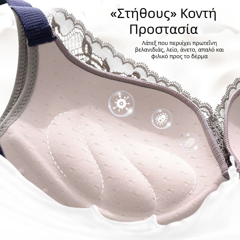 Δαντελένιο ασύρματο σουτιέν με чашка 3/4, μορφοποιημένες κάψες πάνω λεπτές και κάτω παχιές, σταθερές διπλές τιράντες, πίσω κούμπωμα τεσσάρων σειρών