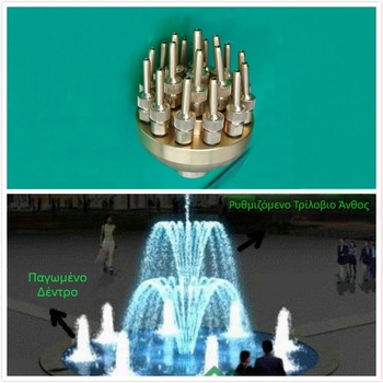 Ορειχάλκινο ρυθμιζόμενο ακροφύσιο με τριών επιπέδων μοτίβο λουλουδιού και στήλη για υδάτινα τοπία (εσωτερική σύνδεση με βίδα, 20°C, πίεση 5 kg, νερό)