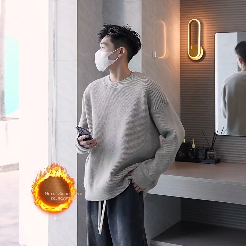 Πλεκτός ανδρικός πουλόβερ με fleece επένδυση, στενή γραμμή, στρογγυλός λαιμός, μακριά μανίκια, ύφασμα από μείγμα πολυεστέρα και βισκόζης