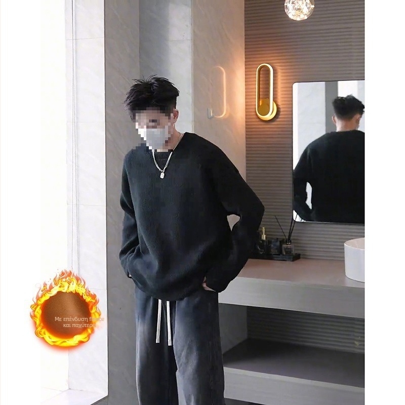 Πλεκτός ανδρικός πουλόβερ με fleece επένδυση, στενή γραμμή, στρογγυλός λαιμός, μακριά μανίκια, ύφασμα από μείγμα πολυεστέρα και βισκόζης