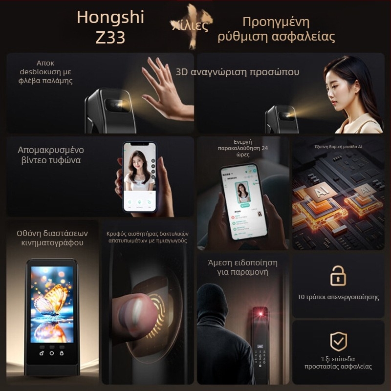 Έξυπνο κλείδωμα πόρτας με φλέβα παλάμης, αποτυπώματα και 3D αναγνώριση προσώπου, απομακρυσμένο ξεκλείδωμα (βιομετρικά στοιχεία φλέβας παλάμης; δακτυλικό αποτύπωμα; 3D αναγνώριση προσώπου; DC τροφοδοσία)