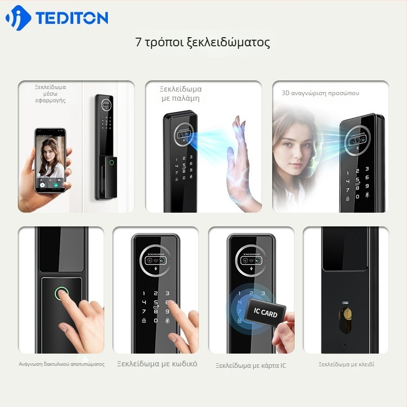 Έξυπνο κλείδωμα πόρτας με φλέβα παλάμης και αναγνώριση προσώπου 3D, αυθεντικοποίηση με κωδικό και βιομετρικό αποτύπωμα, μοντέλο D11, κράμα αλουμινίου, 100 αποτυπώματα, 99 προσώπων, σάρωση κάτω από 1s