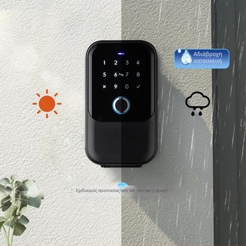 Εξωτερική αδιάβροχη έξυπνη θήκη κλειδιών με βιομετρικό, PIN ή κάρτα πρόσβασης, έλεγχο μέσω εφαρμογής — 100 αποθηκεύσεις δακτυλικού αποτυπώματος; >10.000 ξεκλειδώσεις; σάρωση <1s; -25 έως 60°C; 200k–300k κύκλοι