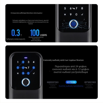 Εξωτερική αδιάβροχη έξυπνη θήκη κλειδιών με βιομετρικό, PIN ή κάρτα πρόσβασης, έλεγχο μέσω εφαρμογής — 100 αποθηκεύσεις δακτυλικού αποτυπώματος; >10.000 ξεκλειδώσεις; σάρωση <1s; -25 έως 60°C; 200k–300k κύκλοι