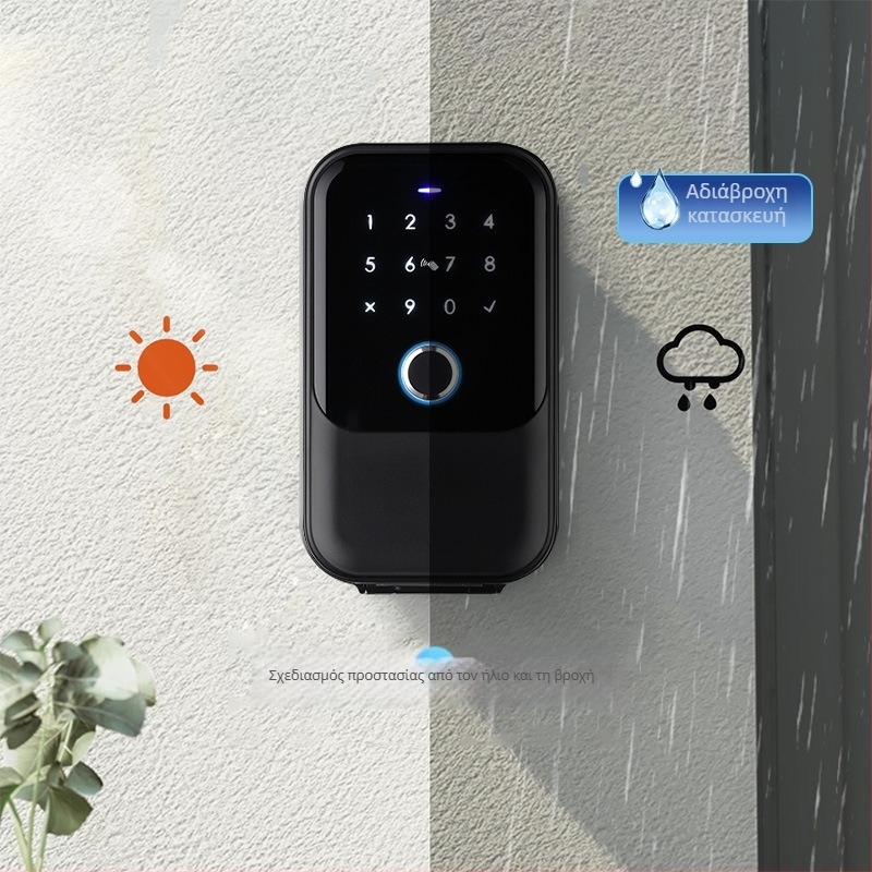 Εξωτερική αδιάβροχη έξυπνη θήκη κλειδιών με βιομετρικό, PIN ή κάρτα πρόσβασης, έλεγχο μέσω εφαρμογής — 100 αποθηκεύσεις δακτυλικού αποτυπώματος; >10.000 ξεκλειδώσεις; σάρωση <1s; -25 έως 60°C; 200k–300k κύκλοι
