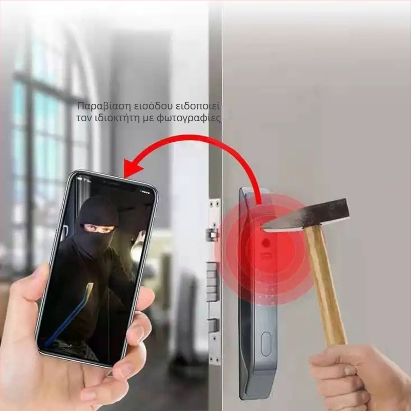 Κλειδαριά με Αναγνώριση Προσώπου και Δακτυλικό Αποτύπωμα — απομακρυσμένο ξεκλείδωμα, κωδικός και κλειδί; 100 αποθηκευμένα αποτυπώματα, πάνω από 20.000 ανοίγματα, σάρωση 0,002 s, -10 έως 60°C, DC τροφοδοσία, κατάλληλη για κύριες θύρες, ξύλινες πόρτες, πόρτε