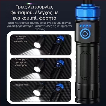 Μαγνητικό φωτιστικό εργασίας με ευέλικτη προσαρμογή σε διαφορετικές γωνίες και περιστροφή 360°, επαναφορτιζόμενη USB λυχνία λευκού λέιζερ με ζουμ, εμβέλεια έως 500 m