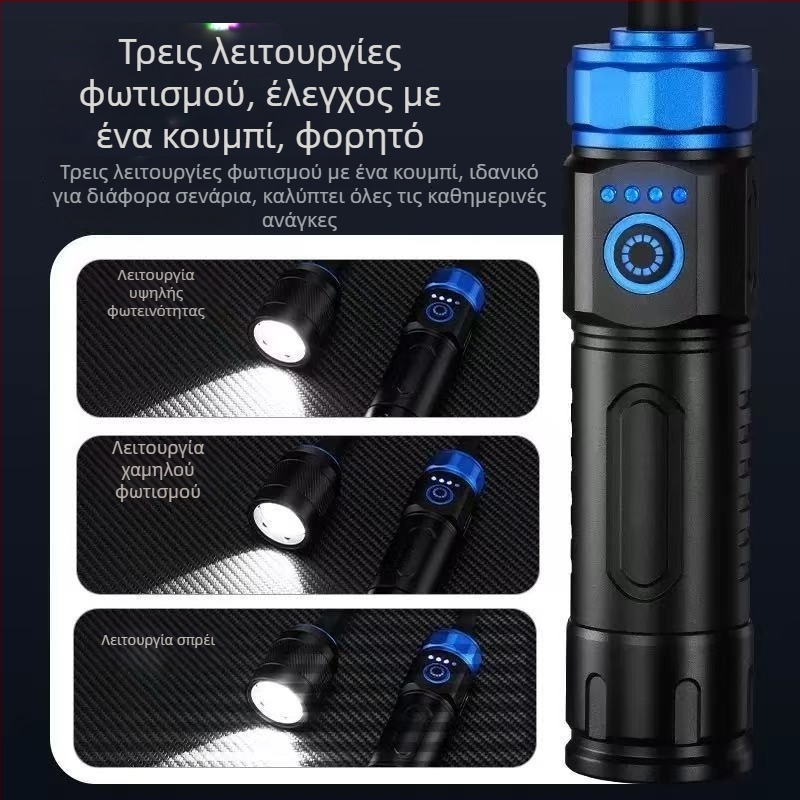 Μαγνητικό φωτιστικό εργασίας με ευέλικτη προσαρμογή σε διαφορετικές γωνίες και περιστροφή 360°, επαναφορτιζόμενη USB λυχνία λευκού λέιζερ με ζουμ, εμβέλεια έως 500 m