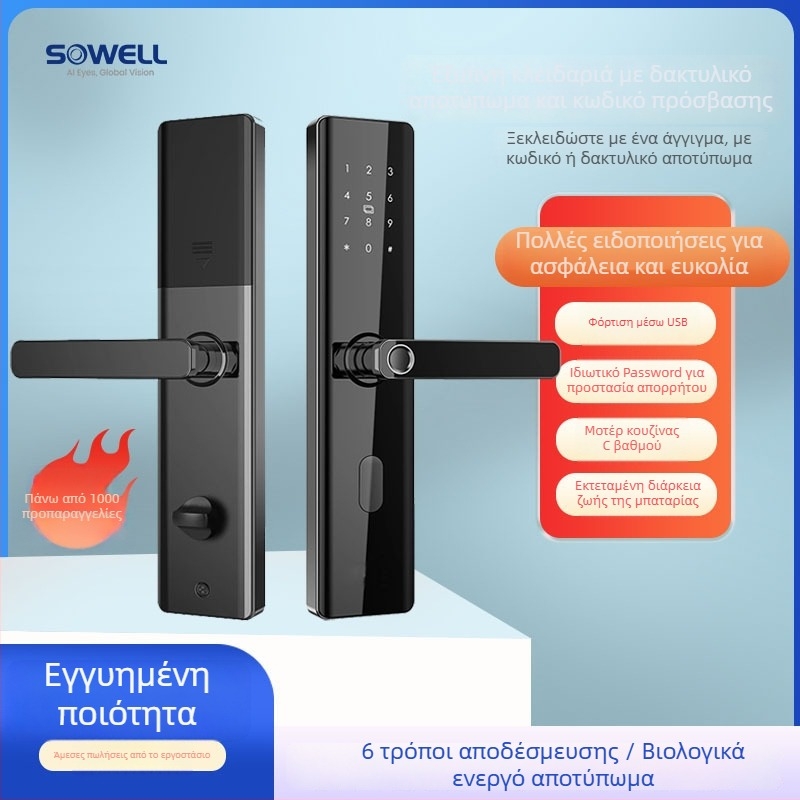 Έξυπνη πόρτα με αποτύπωμα και PIN, ασφάλεια επιπέδου C, μοντέρνος μινιμαλισμός, μοντέλο SWR-B2-4, αποθήκευση αποτυπωμάτων 30.000, ξεκλείδωμα 30.000, Solwell Technology