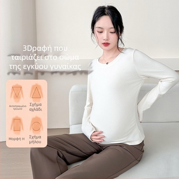 Μπλουζάκι εγκυμοσύνης με μακριά μανίκια, βαμβακο-πολυεστέρα με σπάντεξ, καθημερινό πουλόβερ, στρογγυλό λαιμό, κανονικό μήκος 50–65 εκ