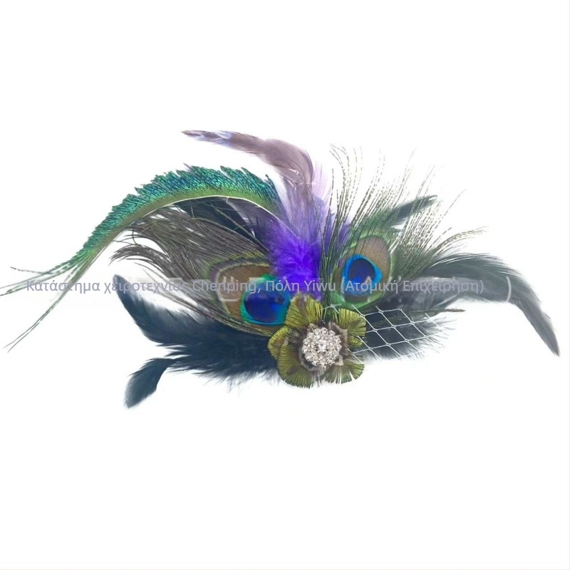 Κλιπ μαλλιών με φτερό παγώνιου, χειροποίητο αξεσουάρ κεφαλής, φυσικό φτερό, υφαντή κατασκευή, μοντέρνο μινιμαλιστικό στυλ