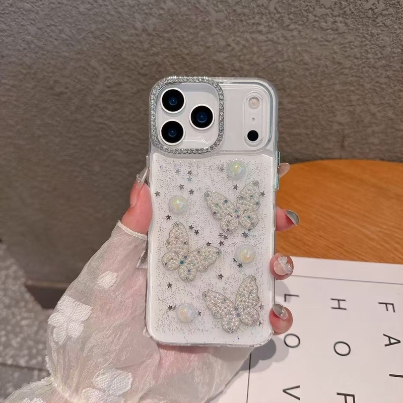 Θήκη iPhone 17 Pro Max – 3D μαργαριτάρι πεταλούδα, αστέρια σε ρητίνη, γλυκό καρτούν σχέδιο, διαφανές TPU