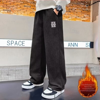 Παιδικά παντελόνια αγοριών με φαρδιά γραμμή, επένδυση φλίς, βαμβάκι, καθημερινά αθλητικά για φθινοπωρινό-χειμερινό 2025