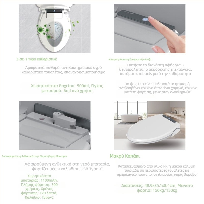 Έξυπνο καπάκι τουαλέτας - αρωματοποίηση, καθαρισμός και αποστείρωση; υλικό PP; 134-180 mm ρυθμιζόμενο διάκενο οπών; επαναφορτιζόμενη αδιάβροχη μπαταρία; δοχείο καθαρισμού 500 ml.