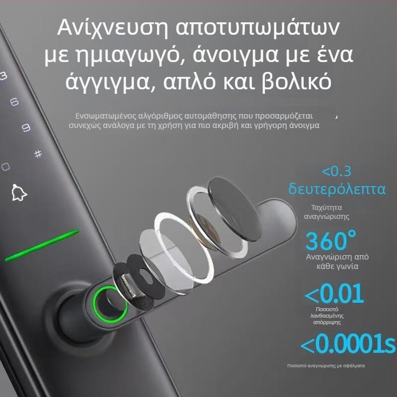 Q05 Έξυπνο κλείδωμα πόρτας — Αναγνώριση δακτυλικού αποτυπώματος, Κωδικός πρόσβασης και Κλειδί, Αποθήκευση 50 δακτυλικών αποτυπωμάτων, Σάρωση <0,01 s, Τροφοδοσία DC