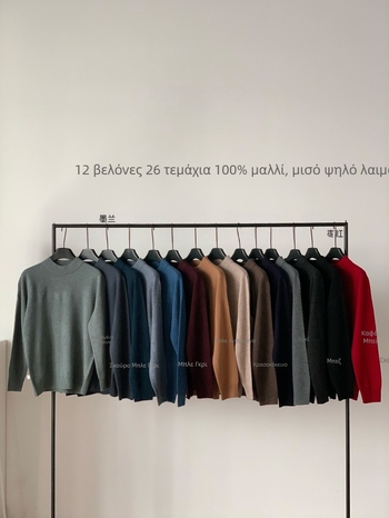 Πλεκτό πουλόβερ μαλλιού με ημι-ψηλό λαιμό, ανδρικό, 100% μαλλί, Χειμώνας 2025