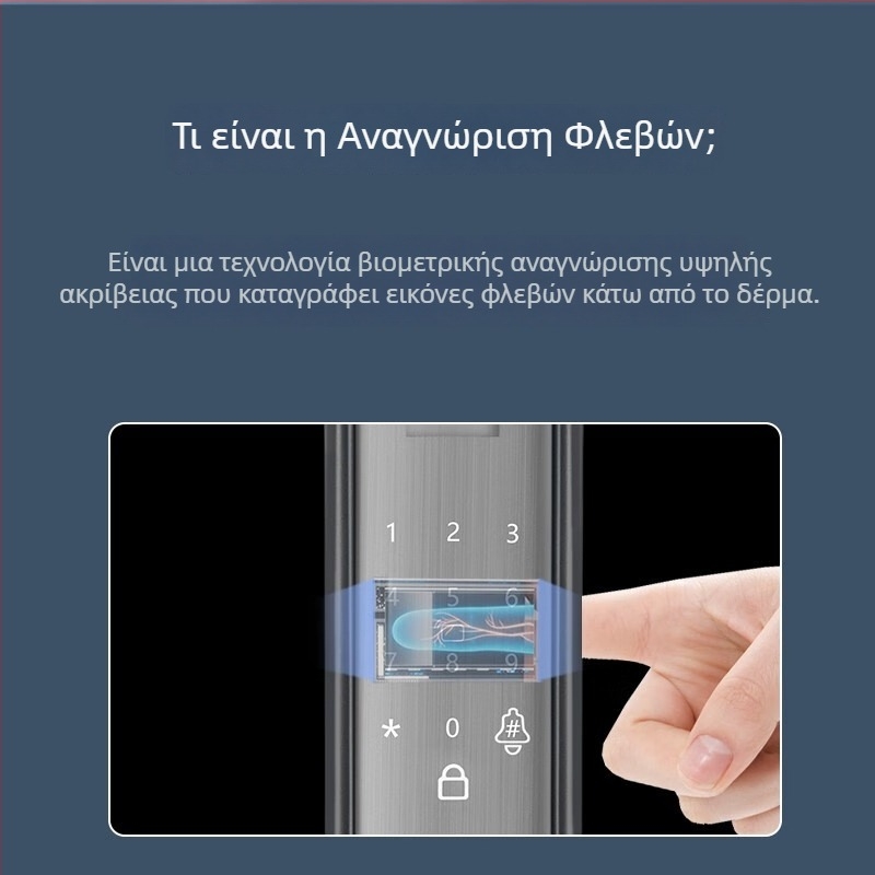 Έξυπνο κλειδί πόρτας με αποτύπωμα, 3D αναγνώριση προσώπου και θύρα θέασης - 50 αποθηκευμένα αποτυπώματα, σάρωση <0.1 s, επαλήθευση 1:N, απομακρυσμένο κλείδωμα με κωδικό