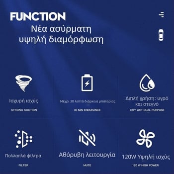 Φορητή σκούπα αυτοκινήτου, υγρή–ξηρή, 12V, 5300 απορρόφηση, επαναφορτιζόμενη