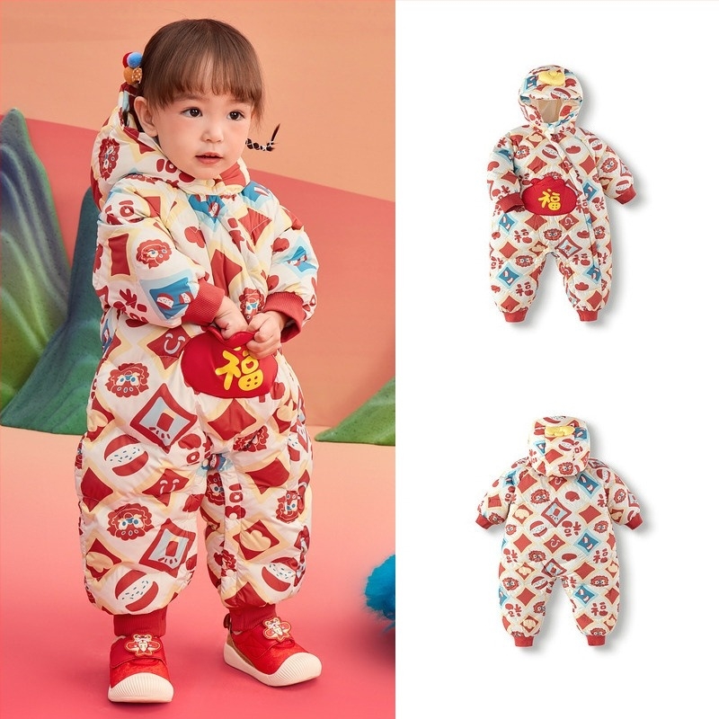 Βρεφικός ολόσωμος με κουκούλα, παχύς, γέμισμα από πούπουλο λευκό, μοτίβο καρτούν, φερμουάρ