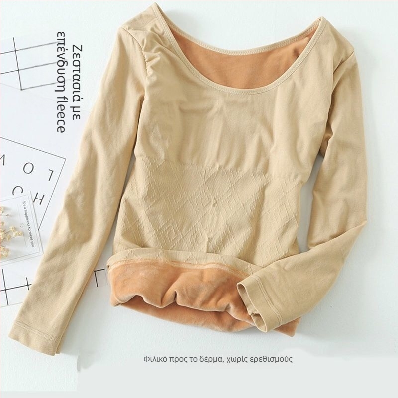 Θερμή μπλούζα βάσης με φλίς από ίνες μπαμπού, στρογγυλός λαιμός, διπλό στρώμα, μανίκια 3/4