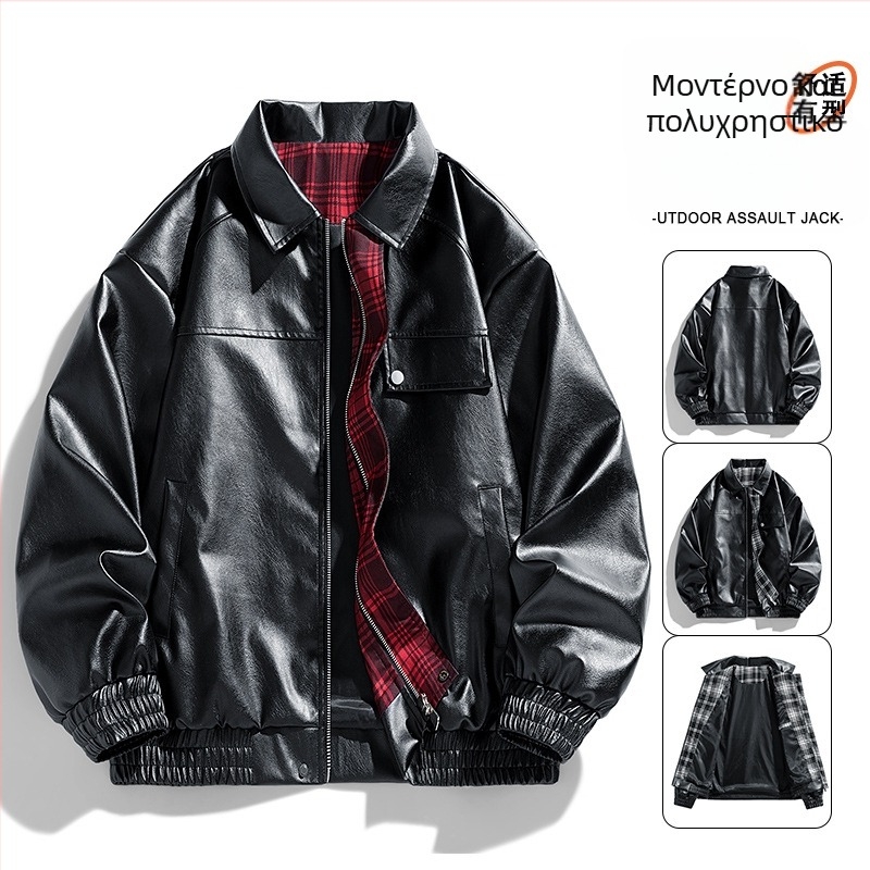 Ανδρικό PU δερμάτινο μπουφάν μοτοσικλέτας, αθλητικό στυλ, ελεύθερη γραμμή, γιακά τύπου λαπέλ, διπλό κουμπί, μεσαίο μήκος 65–80 cm, Άνοιξη 2025