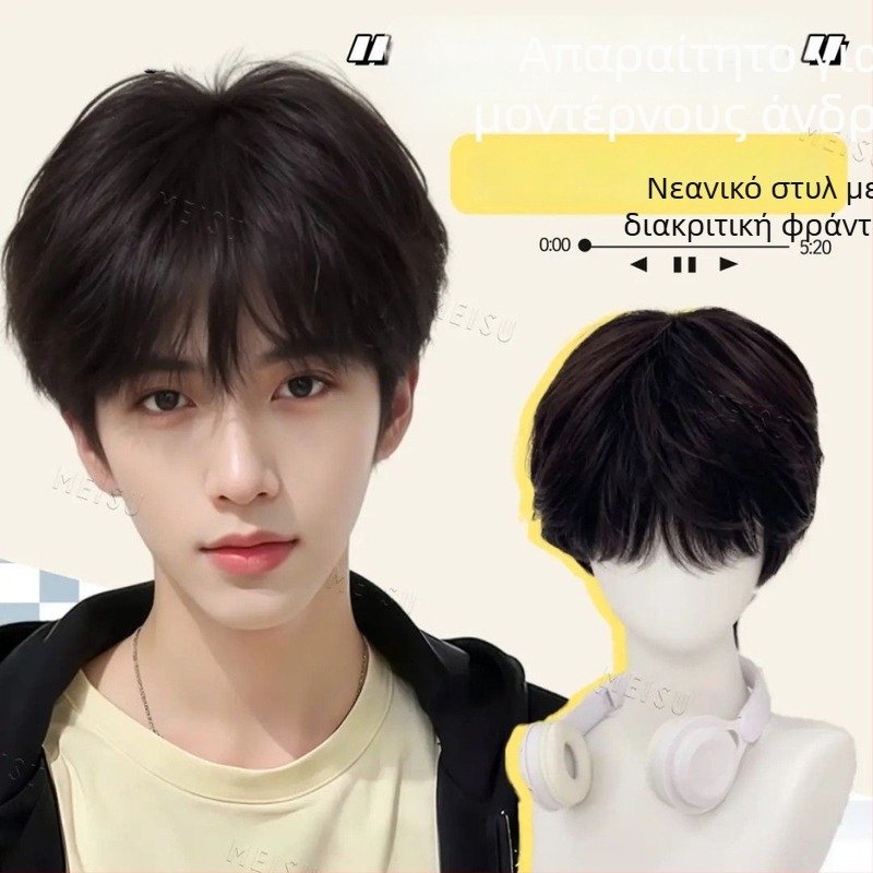 Ανδρική περούκα, τρίχες από υψηλής θερμοκρασίας μεταξωτού υλικού, ίσια φράντζα, τεχνολογία μηχανισμού, μη βαφεται ή περμανώνεται