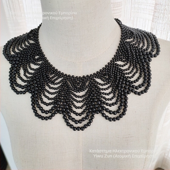 Χειροποίητο κολιέ-φουλάρι από μαργαριτάρια με κυματοειδή πλέξη, ψεύτικος γιακάς και αλυσίδα κλείδας