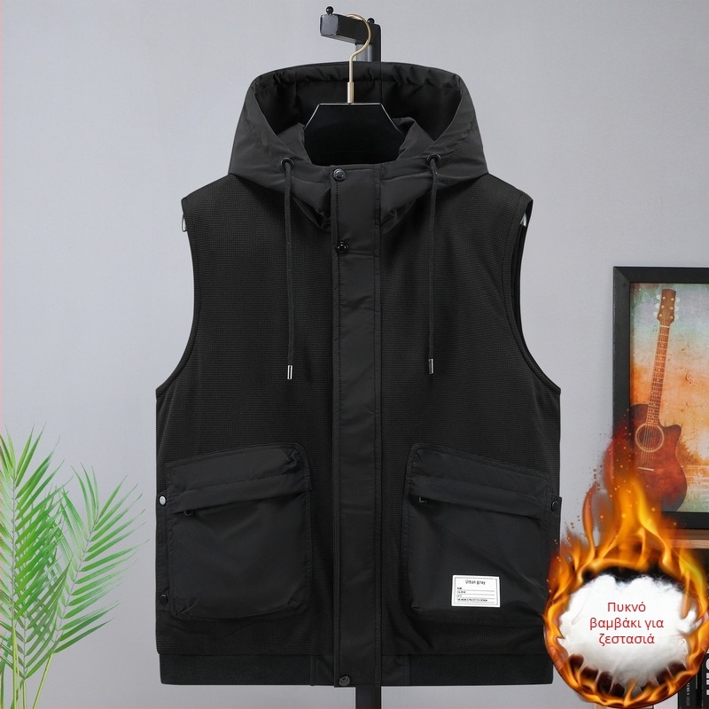 Γιλέκο με κουκούλα, γέμισμα από βαμβάκι, φαρδιά γραμμή, πολυεστερικό ύφασμα, νεανικό στυλ, τσέπες Mingji-line patch, φθινόπωρο 2024.