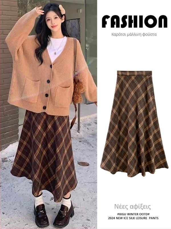 Καρό μάλλινη φούστα ομπρέλα, υψηλή μέση, μεσαίου μήκους