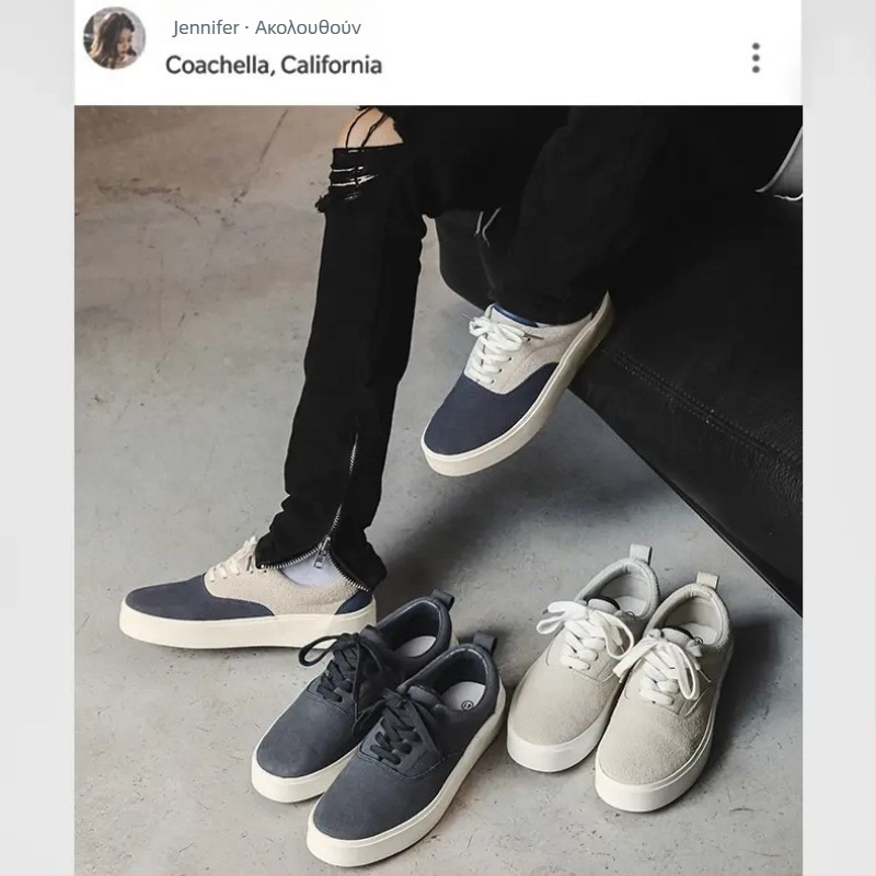 Ανδρικά sneakers: nubuk επάνω, στρογγυλή μύτη, κορδόνια, βαλκανισμένη καουτσούκ σόλα, χαμηλό κόψιμο