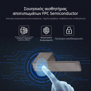 Έξυπνο λουκέτο πόρτας για εσωτερικές πόρτες με βιομετρικό αποτύπωμα και κωδικό, μοντέλο N10; αποθηκεύει 100 δακτυλικά αποτυπώματα; πάνω από 100000 ξεκλειδώσεις; χρόνος σάρωσης κάτω από 0.1 s; ποσοστό ψευδούς αποδοχής <0.00004; λειτουργική θερμοκρασία από -