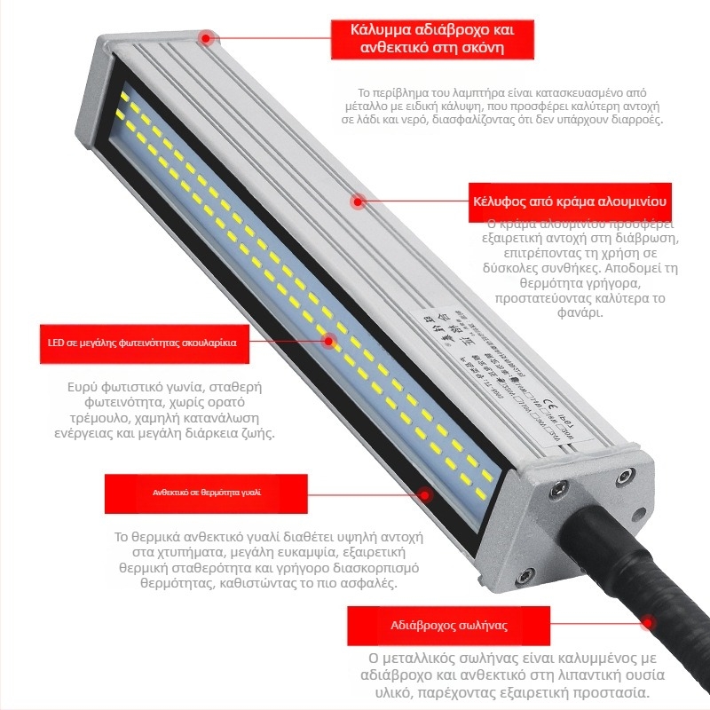 LED φως εργασίας για εργαλειομηχανές με μακρύ βραχίονα, αδιάβροχο, μαγνητική βάση, 220V/24V/36V