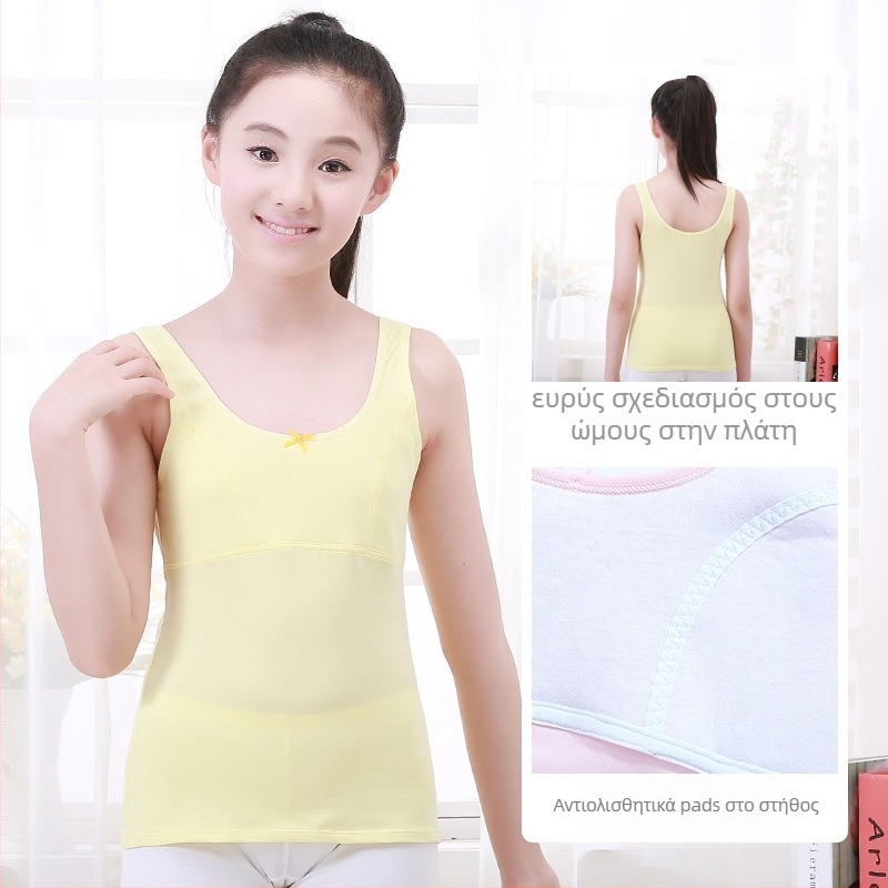 Εσώρουχο για κορίτσια στην περίοδο ανάπτυξης με σταθερή επένδυση στήθους, 9–13 ετών, λαιμός στρογγυλός, 95% βαμβάκι, όλες οι εποχές