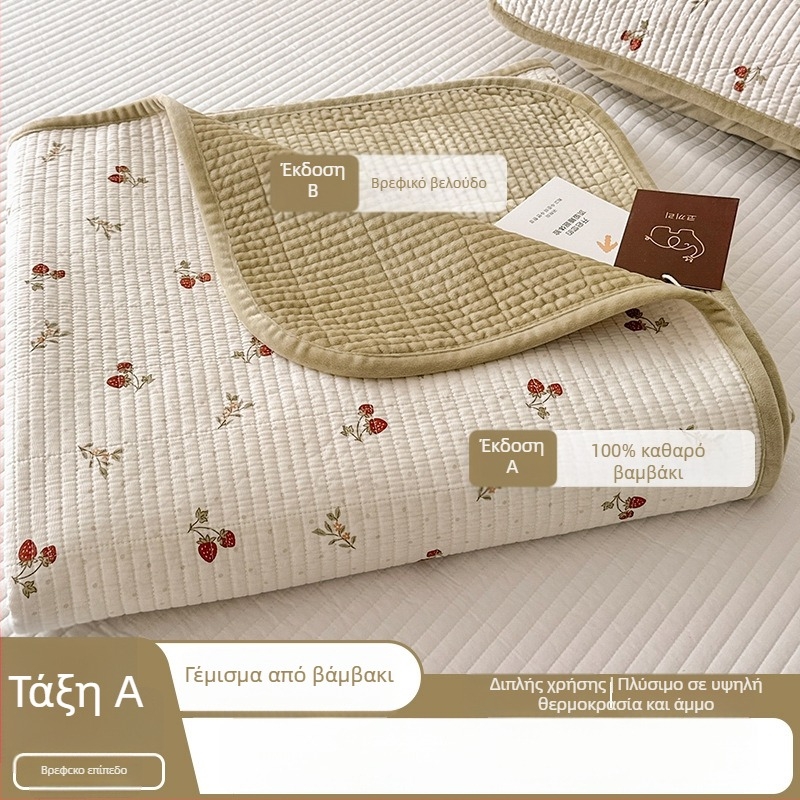Αμφίδρομο quilted κάλυμμα κρεβατιού, τρίων τεμαχίων — μια πλευρά βαμβάκι, μια πλευρά βελούδο; ύφασμα 40s, αντιδραστική βαφή, ραφή/quilting, πλύσιμο σε υψηλή θερμοκρασία