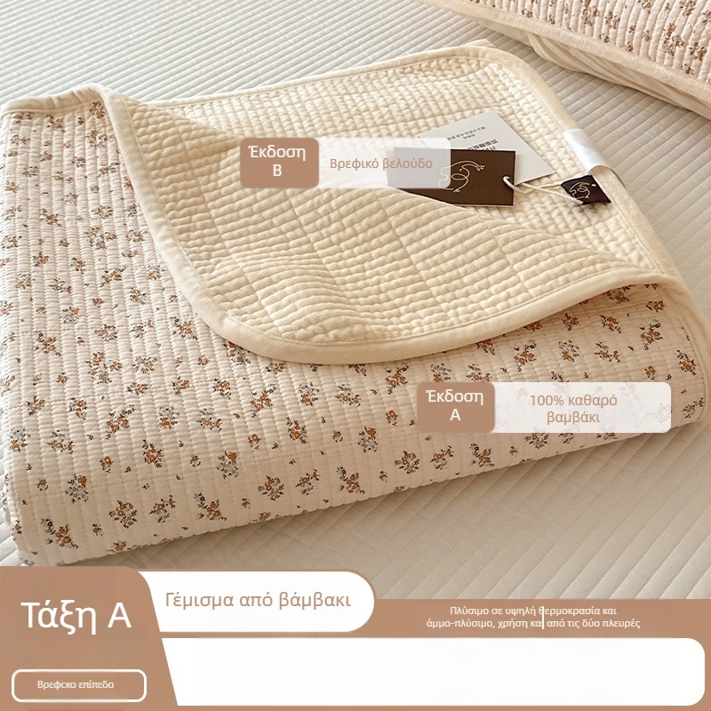 Αμφίδρομο quilted κάλυμμα κρεβατιού, τρίων τεμαχίων — μια πλευρά βαμβάκι, μια πλευρά βελούδο; ύφασμα 40s, αντιδραστική βαφή, ραφή/quilting, πλύσιμο σε υψηλή θερμοκρασία