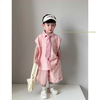 Παιδικό σετ τριών μερών: χωρίς μανίκια πουκάμισο, παντελόνι και γραβάτα — Κορεακό στυλ, Καλοκαίρι 2024, Υφασμα: πολυεστέρας με ίνες αναγεννημένης κυτταρίνης (51–70%).