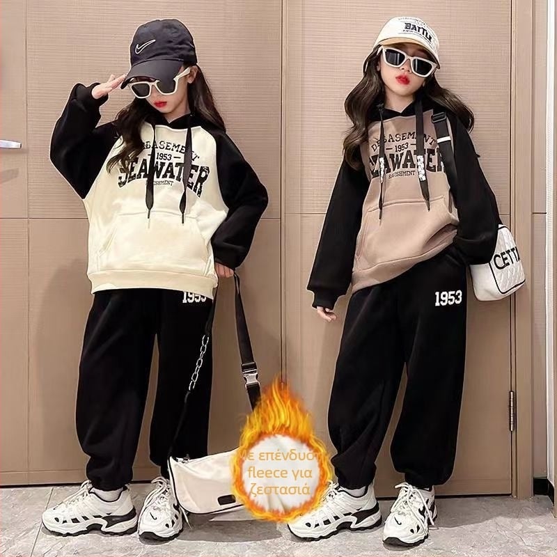 Δύο μέρη παιδικό σετ με κουκούλα, μακριά μανίκια, Milk Silk πολυεστέρας 95.5%, κορεατικό στυλ, για χειμώνα, άνοιξη και φθινοπωρο