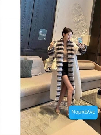 Μακρύ παλτό γούνας από συνθετική γούνα με μοτίβο chinchilla και γούνα Rex κουνελιού, γιακά τύπου πέτο με γούνα, ύφασμα πολυεστέρα