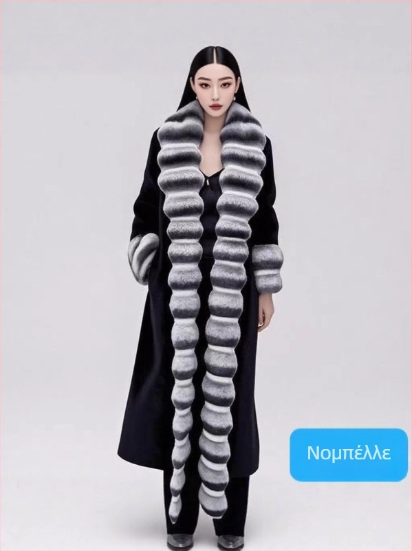 Μακρύ παλτό γούνας από συνθετική γούνα με μοτίβο chinchilla και γούνα Rex κουνελιού, γιακά τύπου πέτο με γούνα, ύφασμα πολυεστέρα